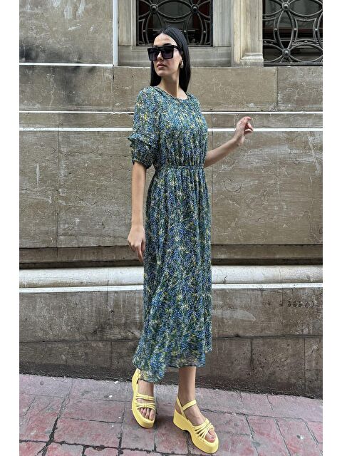 Now Moda Şifon Astarlı Bel Büzgülü Desenli Uzun Yeşil Elbise - S000178421-18194