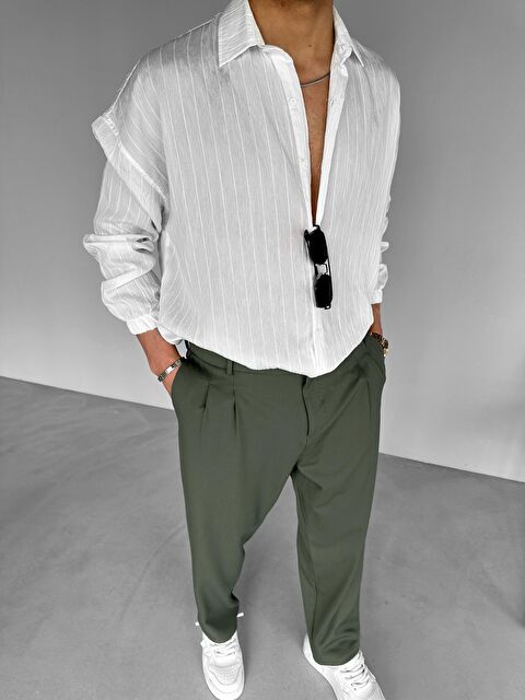 Abluka Online Erkek Süper Oversize Special Dokulu Uzun Kollu Gömlek Beyaz - S000240409-20063