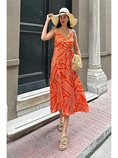 Now Moda Askılı Kruvaze Desenli Uzun Turuncu Elbise - S000178429-20013