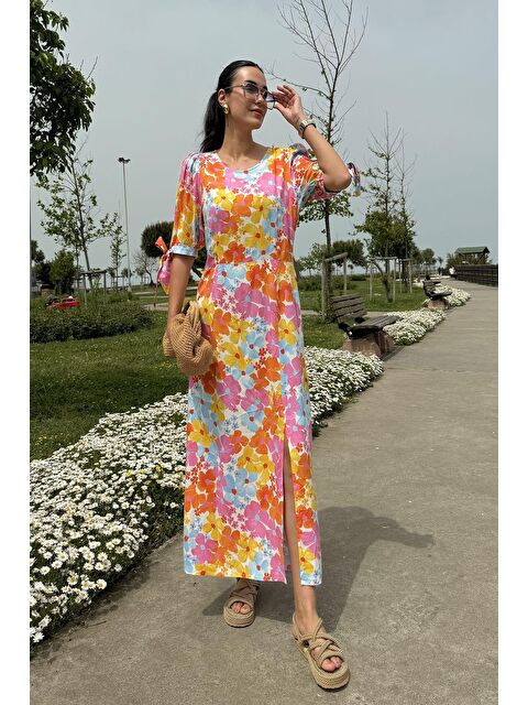 Now Moda Doğal Viskon Desenli Yırtmaçlı Uzun Turuncu Elbise - S000178416-20013