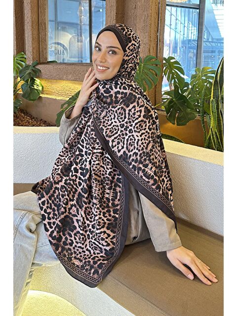Lamelif Leopar Desen Bambu Şal Acı Kahverengi - S000529662-28102
