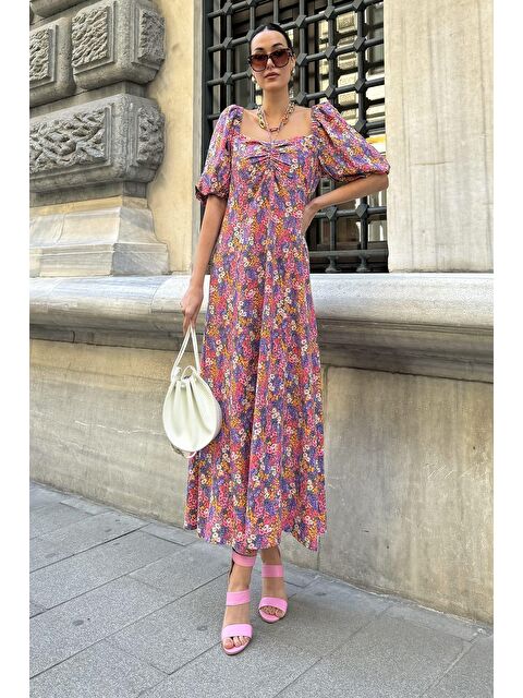 Now Moda Doğal Viskon Boyun Baglamalı Desenli Uzun Lila Elbise - S000178449-17878