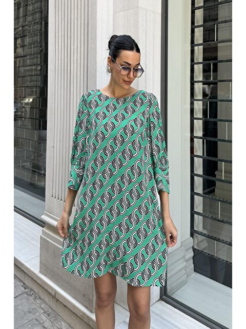 Now Moda Doğal Viskon Zincir Desenli Yeşil Elbise - S000178418-18194