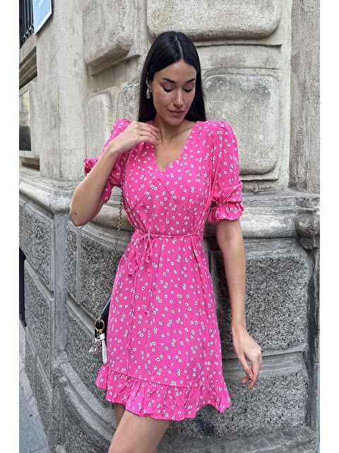 Now Moda Doğal Viskon Etek Fırfır Detaylı Desenli Fuşya Elbise - S000178427-18686