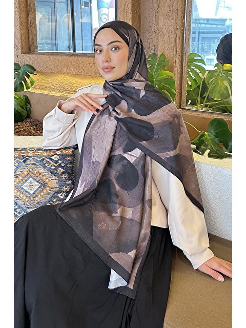 Lamelif Yaprak Desen Bambu Şal Siyah Kahverengi - S000529578-37433