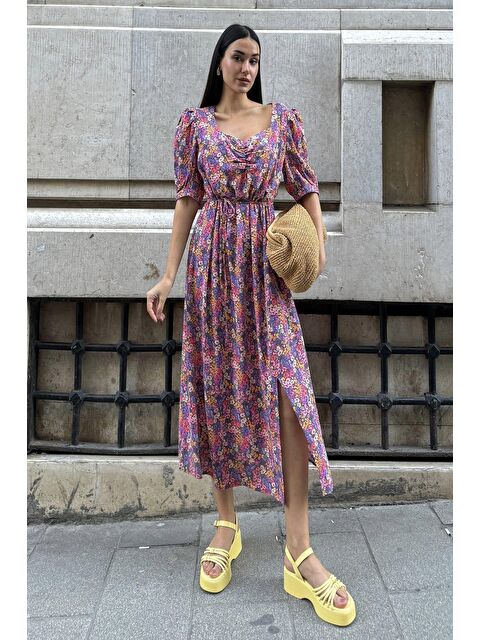 Now Moda Doğal Viskon Ön Büzgülü Yırtmaçlı Desenli Uzun Lila Elbise - S000178417-17878