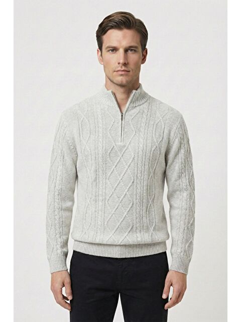 Sabri Özel Gri Regular Fit Yün Karışımlı Desenli Yarım Balıkçı Yaka Fermuarlı Erkek Triko Kazak - S000524236-20600