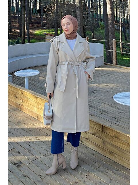 Lamelif Kruvaze Yaka Deri Trenç Taş - S000518085-25636