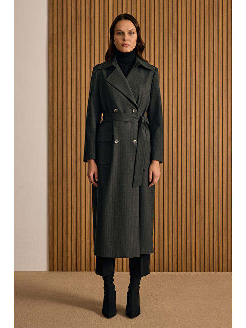 AKER Antrasit Çizgili Seyyar Şallı Kruvaze Kapama Pardösü - S000488940-29666