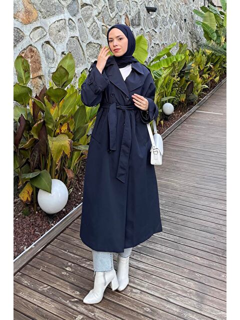 Lamelif Omuz Apoletli Premium Trençkot Lacivert - S000518082-21164