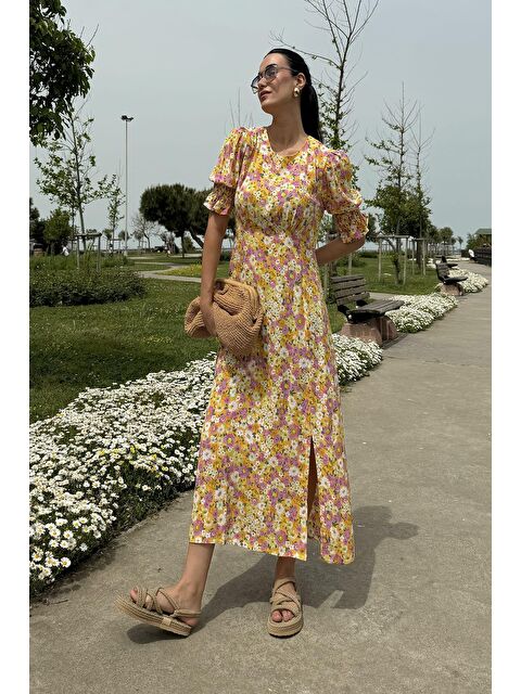 Now Moda Doğal Viskon Kol Gipeli Yırtmaçlı Desenli Uzun Sarı Elbise - S000178439-20072