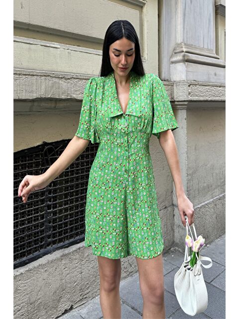 Now Moda Doğal Viskon Desenli Yeşil Tulum - S000178422-18194