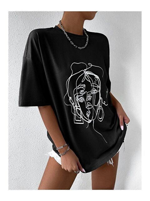 Trendseninle Kadın Çizgili Figür Oversize Siyah  Tişört - S000163234-19351