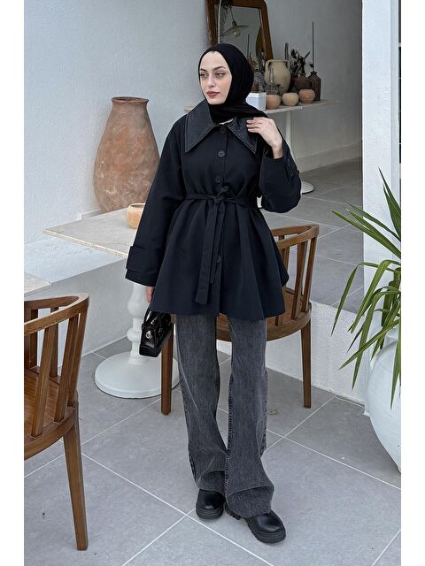 Lamelif Garni Yaka Trençkot Siyah - S000518076-19351