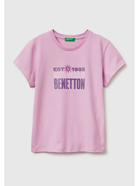 United Colors Of Benetton Kız Çocuk Pembe Simli Logolu Bisiklet Yaka T-Shirt