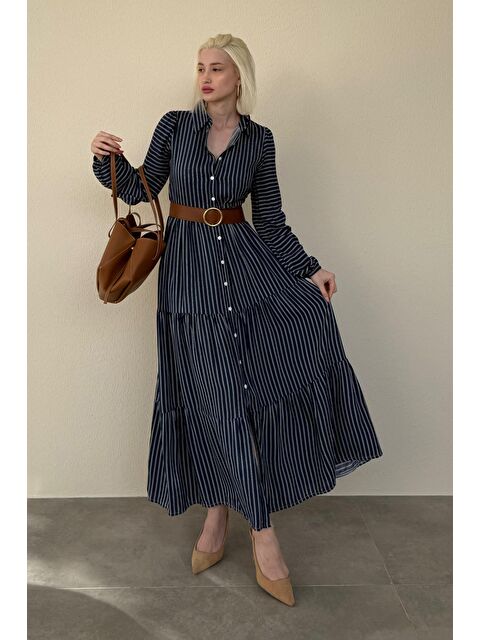 Madmext Lacivert Düğmeli Puantiyeli Uzun Elbise Mg2392 - S000374367-21164