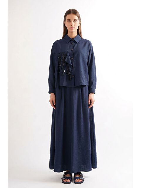 Remsa Şifon Detay Kraş ve Taş Süslemeli Dubai Takım 913 Lacivert