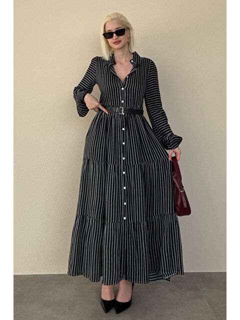 Madmext Siyah Düğmeli Puantiyeli Uzun Elbise Mg2392 - S000374367-19351