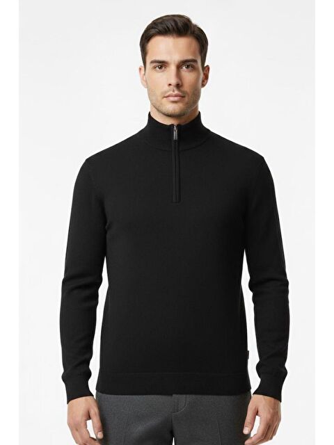 Sabri Özel Siyah Regular Fit Pamuklu Fermuarlı Yarım Balıkçı Yaka Erkek Triko Kazak - S000524243-19351
