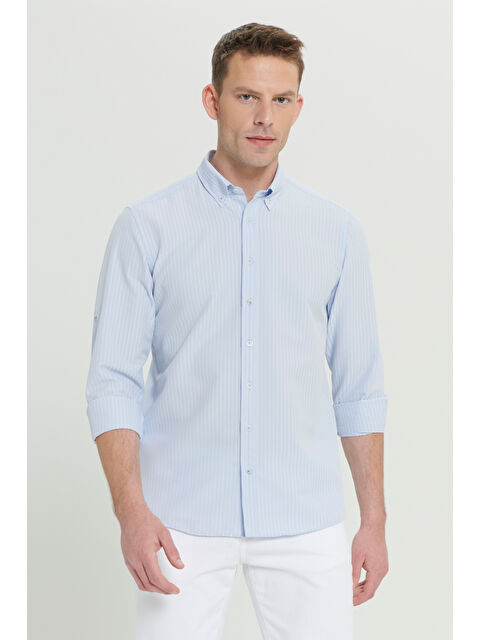 AC&Co / Altınyıldız Classics Erkek Açık Mavi Slim Fit Dar Kesim Gofre Desenli Düğmeli Yaka Hafif Kumaş Gömlek - S000394311-17437