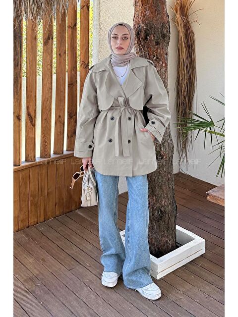 Lamelif Omuz Apoletli Kısa Trençkot Haki - S000518052-18547