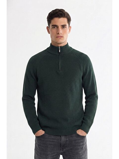 Sabri Özel Haki Slim Fit Dokulu Fermuarlı Yarım Balıkçı Yaka Erkek Triko Kazak - S000524247-18547