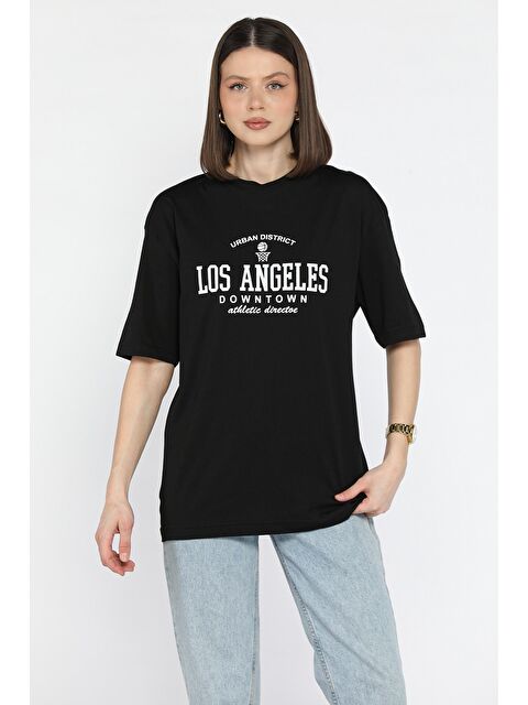 Gülseli Kadın Bisiklet Yaka Los Angeles Baskılı Salaş Tişört - S000373178-19351