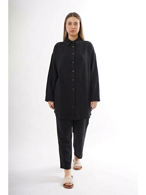 Remsa Önü Çıtçıtlı Aller Detay Keten Kumaş Pantolonlu Takım 906 Siyah