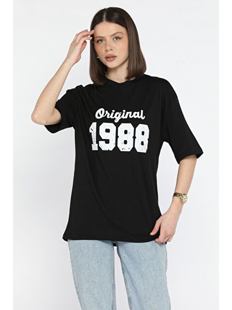 Gülseli Kadın Ön Baskılı Bisiklet Yaka Oversize Tişört - S000373133-19351