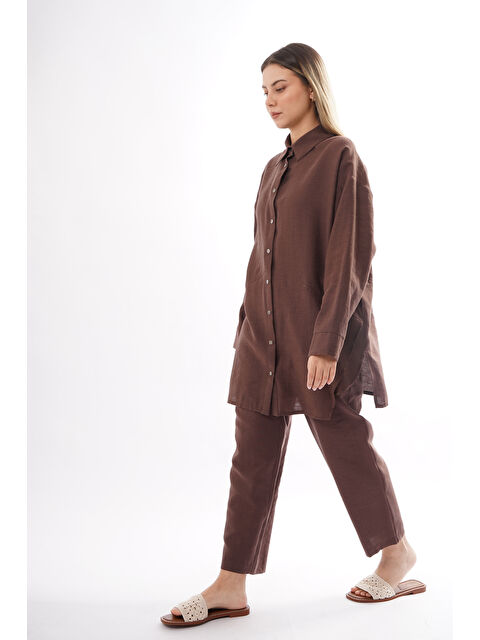 Remsa Önü Çıtçıtlı Aller Detay Keten Kumaş Pantolonlu Takım 906 Kahverengi