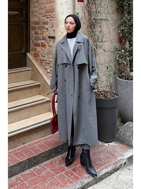 Lamelif Uzun Apoletli Trenç Füme - S000518079-33408