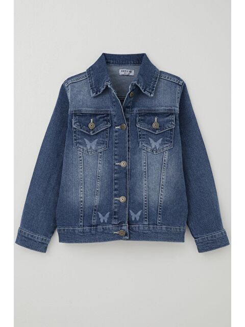 Breeze Kız Çocuk Jean Ceket Kelebek Baskı Detaylı Cepli Mavi (6-12 Yaş) - S000491419-17234