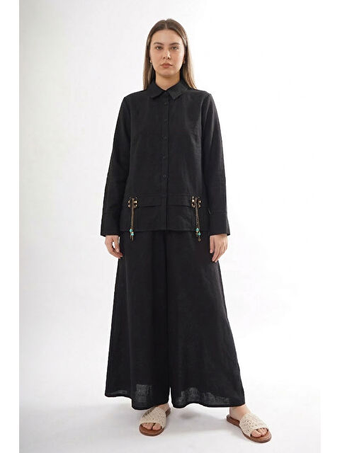 Remsa Önü Fermuarlı Aller Detay Keten Kumaş Etekli Takım 905 Siyah