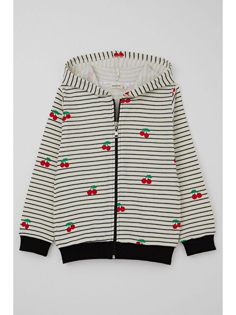 Breeze Kız Çocuk Hırka Kiraz Desenli Kapüşonlu Fermuarlı Ekru (4-7 Yaş) - S000491422-19965