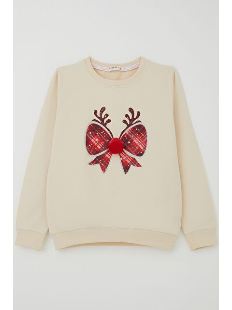 Breeze Kız Çocuk Sweatshirt Ponponlu Yılbaşı Kurdeleli Krem (6-12 Yaş) - S000491423-19966