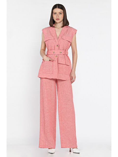 Gülseli Kadın Bel Kuşaklı Yelek Pantolon İkili Takım - S000374375-24085