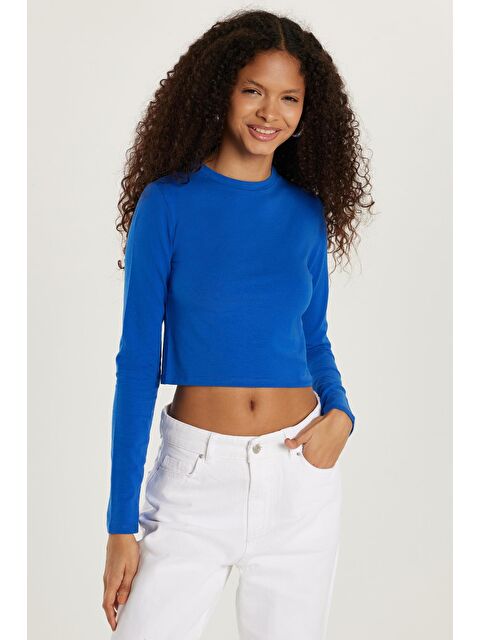 TUDORS Kadın Slim Fit Pamuklu Düz Bisiklet Yaka Mavi Bluz - S000521633-17234