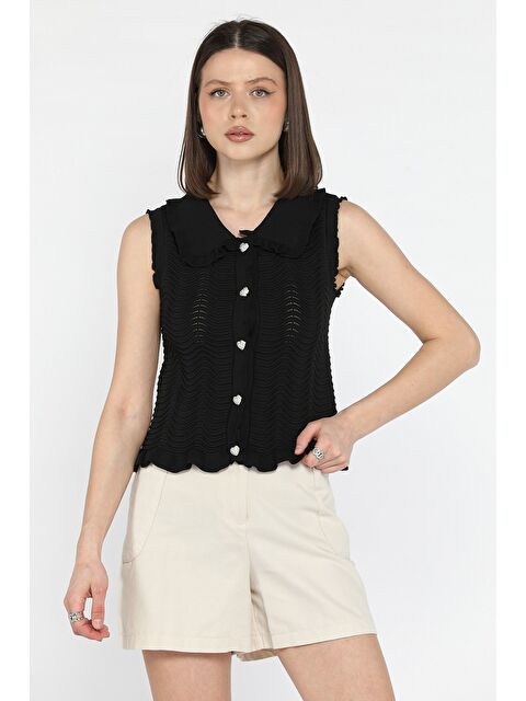 Gülseli Kadın Bebe Yaka Dalga Desenli Triko Yelek - S000374374-19351