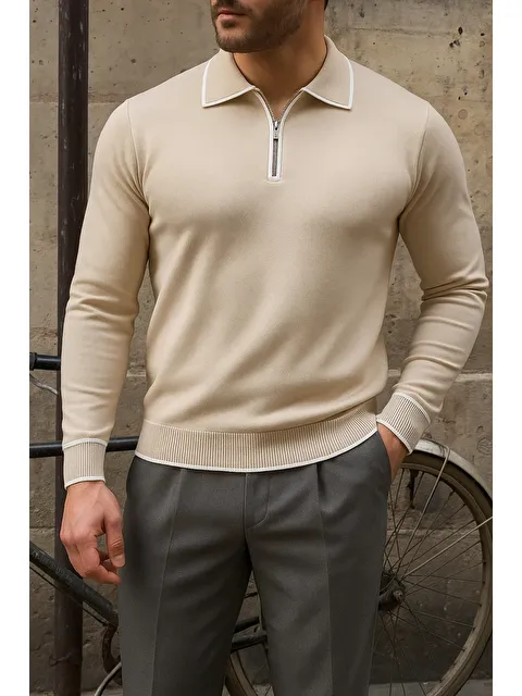 Comstar Erkek Günlük Çizgili Trend Bej Polo Yaka Kazak