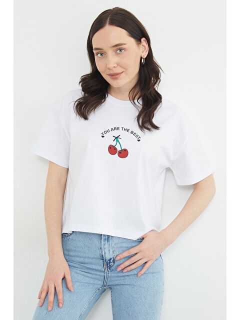 Fullamoda Kiraz Baskılı Bisiklet Yaka Salaş Tişört