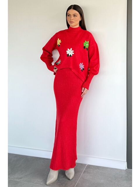 Gülseli Kadın Yarım Balıkçı Yaka Nakışlı Triko Bluz Elbise İkili Takım - S000320563-20045