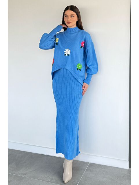 Gülseli Kadın Yarım Balıkçı Yaka Nakışlı Triko Bluz Elbise İkili Takım - S000320563-17234