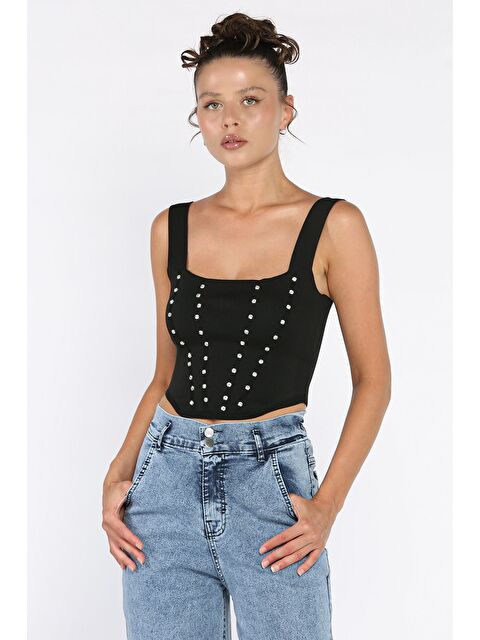 Gülseli Kadın Kare Yaka Mevsimlik Crop Triko Bluz - S000310116-19351