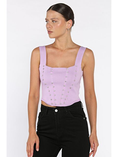 Gülseli Kadın Kare Yaka Mevsimlik Crop Triko Bluz - S000310116-17878