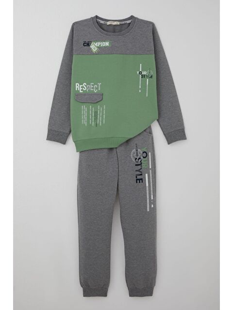 Breeze Erkek Çocuk Eşofman Takımı Cep Kapak Detaylı Yazı Baskılı Mint Yeşili (7-12 Yaş) - S000501805-1180