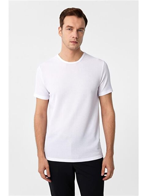 Süvari Beyaz Slim Armürlü Bisiklet Yaka Tişört - S000460711-20063