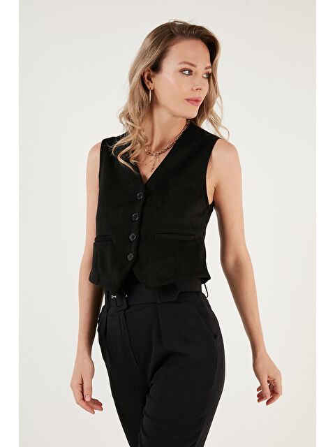 Lela Fitted V Yaka Düğmeli Crop Scuba Klasik Yelek 5865576 - S000111737-19351