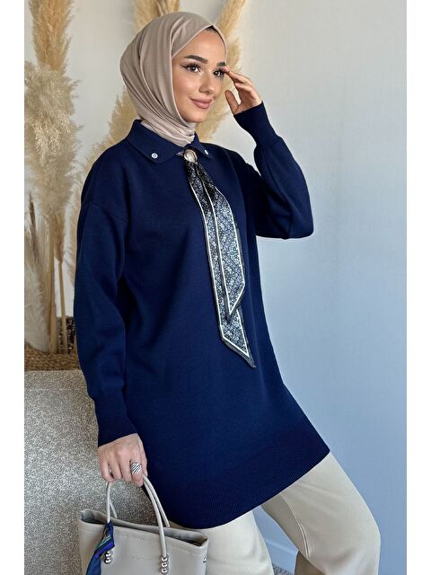 Julude Gülseli Polo Yaka Fular Aksesuarlı Tesettür Triko Tunik - S000491726-21164