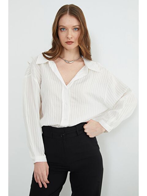 Fullamoda Çizgili Jakarlı Salaş Gömlek - S000504010-20063