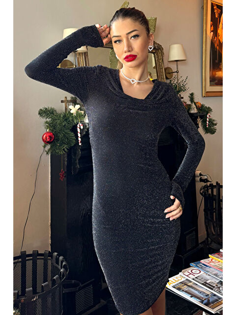 Gülseli Kadın Omuz Vatkalı Degaje Yaka Işıltılı Elbise - S000338251-19351